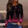 Women's Fashion Casual Slit Hem Round Neck Long Sleeve Loose Christmas Printed T-Shirt Ladies Top