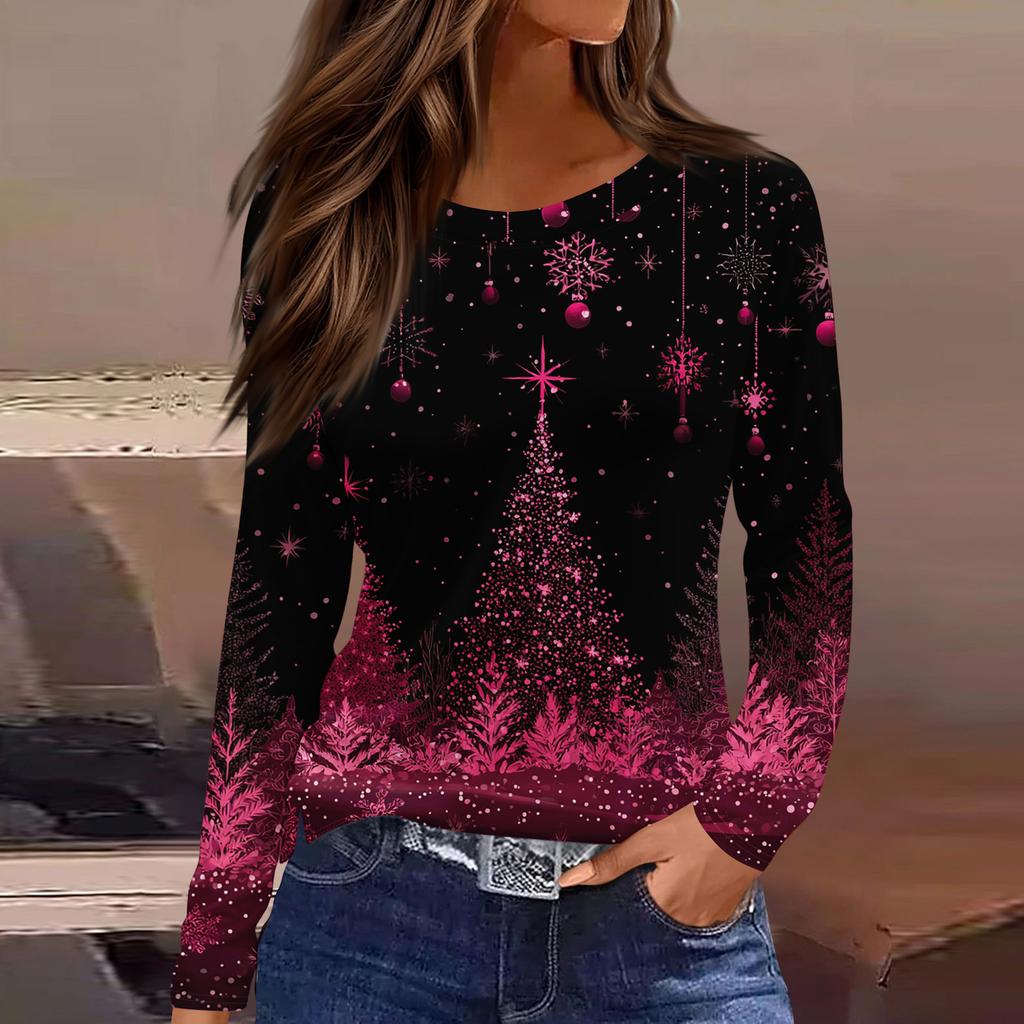 Women's Fashion Casual Slit Hem Round Neck Long Sleeve Loose Christmas Printed T-Shirt Ladies Top