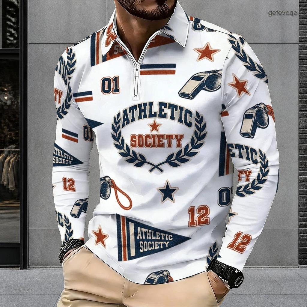 Men s Plus Size White Printed Long Sleeve Quarter Zip Collared Polo Shirt