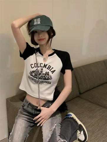 Niche Unique Short Top Female Slim Spice Girl Summer High Waist Front Shoulder T-Shirt American Retro Short Sleeve T-Shirt Women