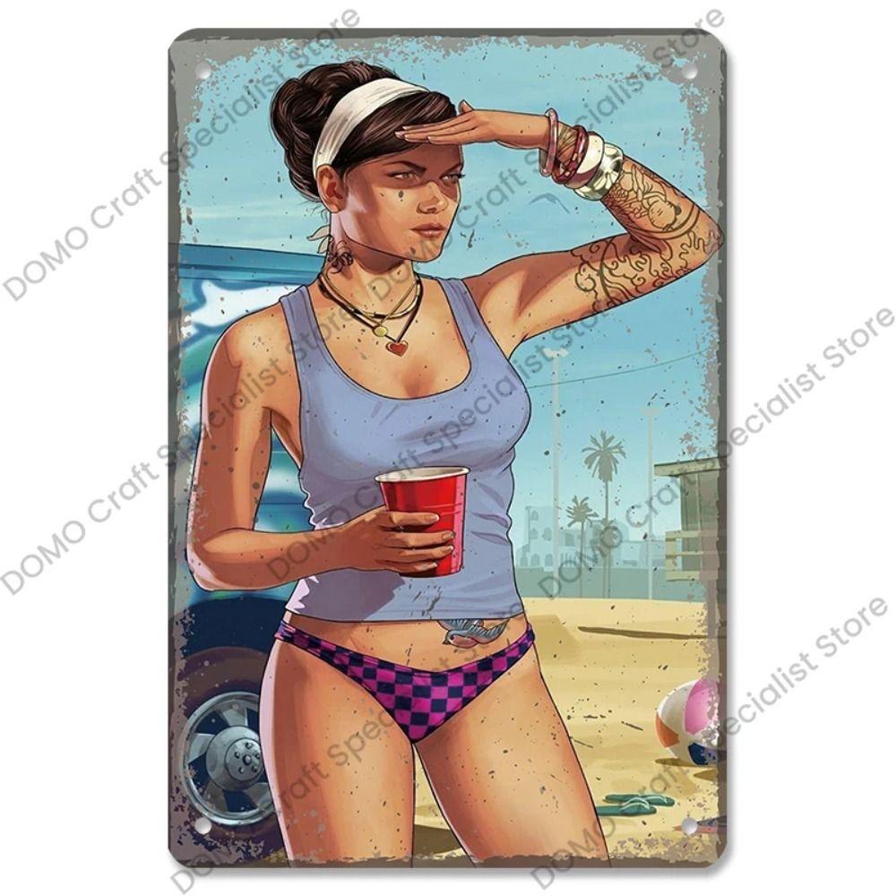 Metallplatta för flickor i interiör från Pinup-postern