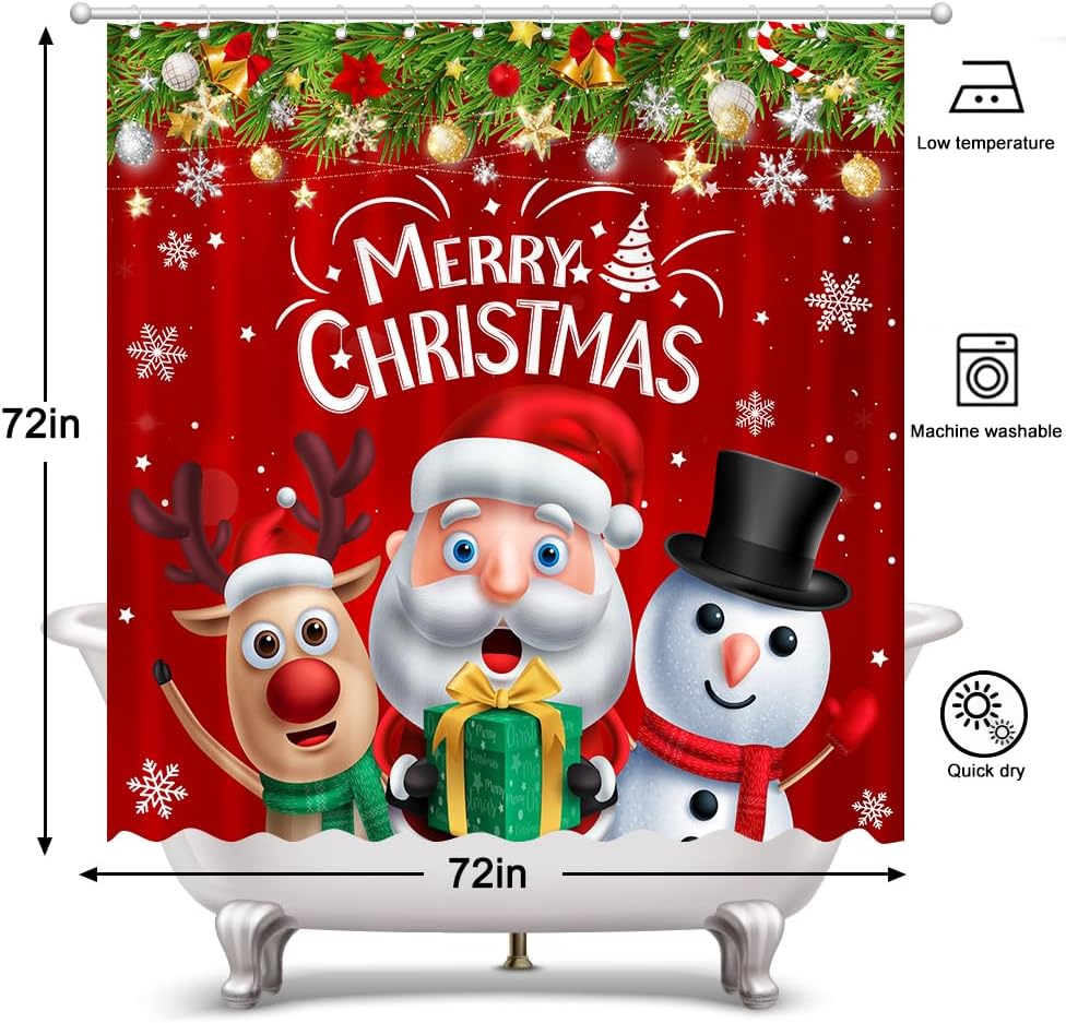 Merry Christmas Shower Curtain Santa Claus Snowman Reindeer Home Bathroom Decorations Xmas Gift Box Bathtub Curtain Set With