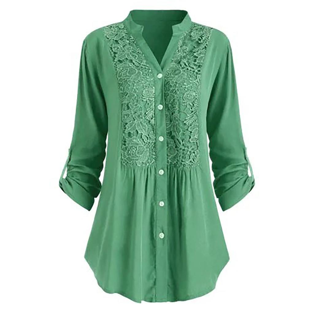 Camicia a maniche lunghe con scollo a V e bottoni in pizzo, comoda e casual, da donna, taglie forti