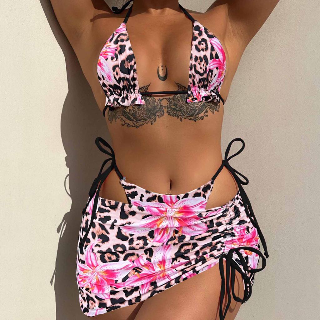 Women's 3-Piece Printed Bikini Set, European Swimwear, Double-Sided Wear, Swimsuit, Summer Pool Party Bathing Suit