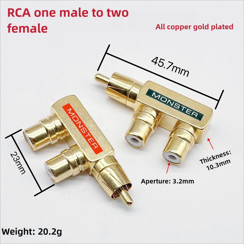 1/6PC RCA One Divided into Two Monster Full Copper Gold Plated Gun Type Lotus Male to 2 Female Audio Adapter