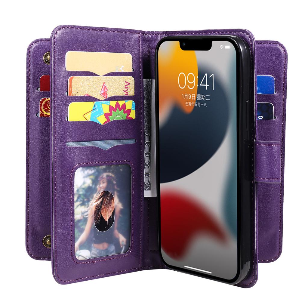 For iPhone 15 14 13 12 11 Pro Max Wallet Case[10 Card Slots]:Multi-Function,Flip Strap Zipper Card Holder Phone Case