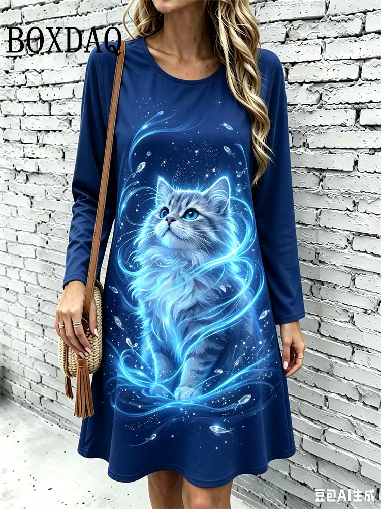 Women's Elegant Party Mini Dress Loose Crew Neck Short Sleeve Home Dress Summer Casual Daily Graphic Animal Cats 3D Print Dress