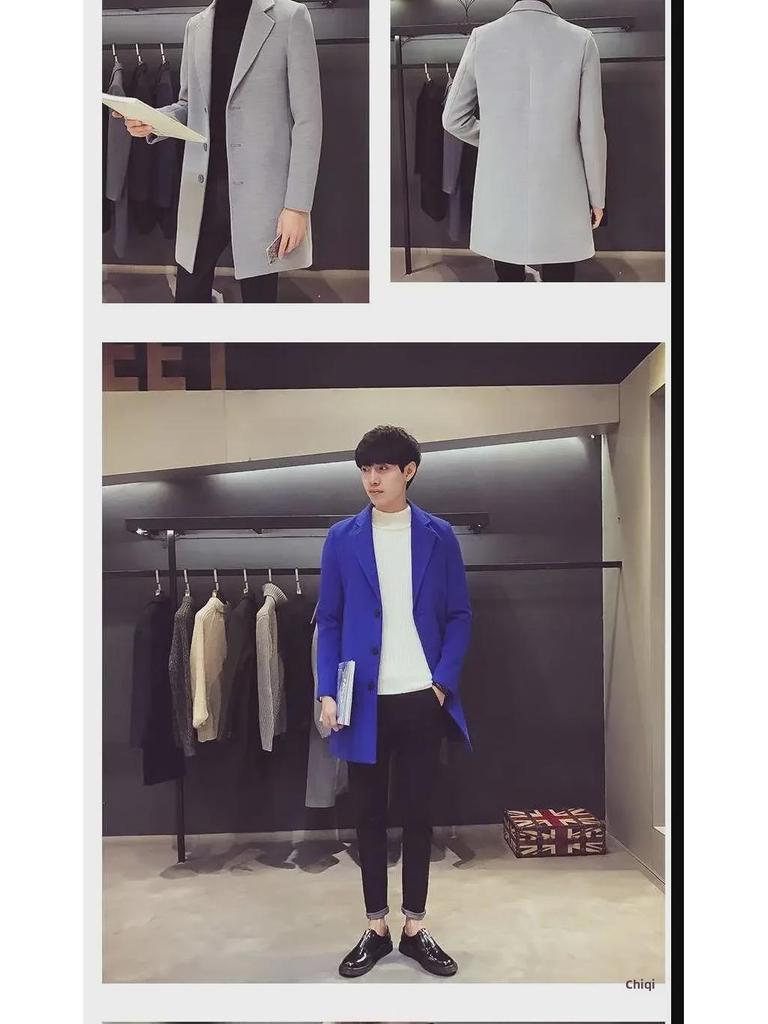 Red Woolen Men's Mid-Length Korean Style Slim Windbreaker Coat