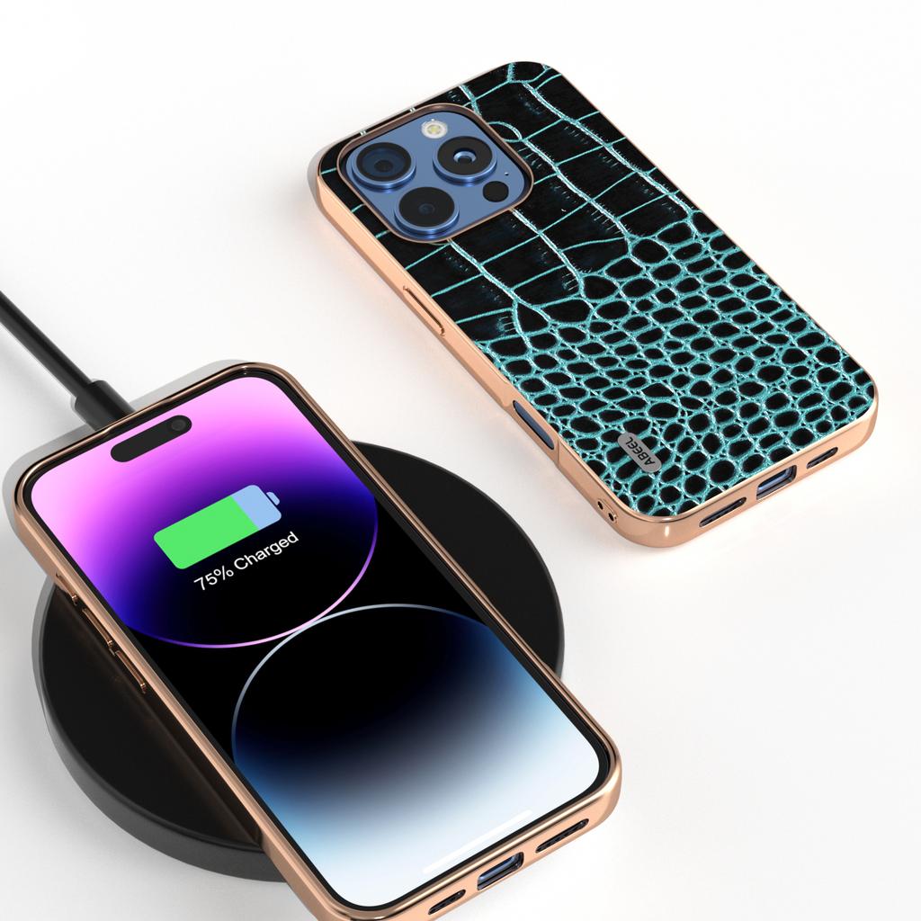 ABEEL For iPhone 16 Pro Case Electroplating Edge Crocodile Texture Genuine Cow Leather Back Phone Cover