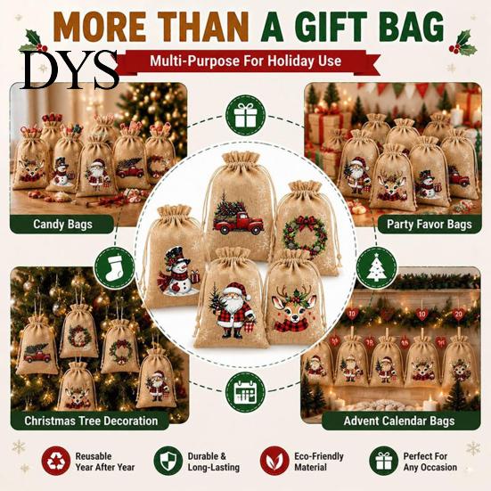 Santa Claus Snowman Reindeer Prints Christmas Jute Burlap Gift Bags, Drawstring Treat Candy Small Bags for Parties Bag, Reusable Linen Packaging Pouch