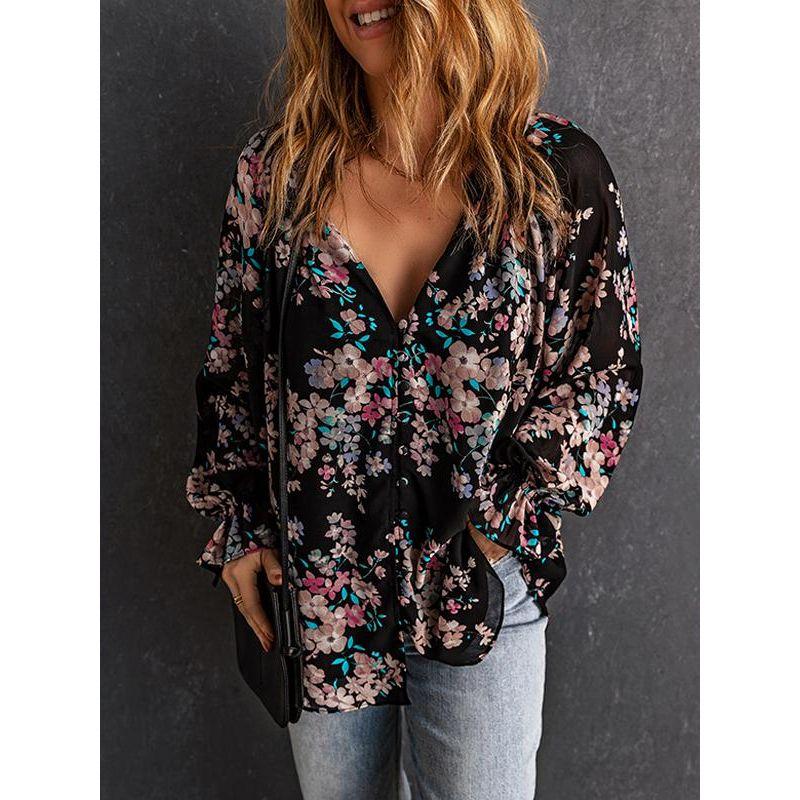 Spring & Fall New Arrival Floral V Neck Long Sleeves Chiffon Shirt European and American All-Matching Single-Breasted Thin Pullover Shirt for Women