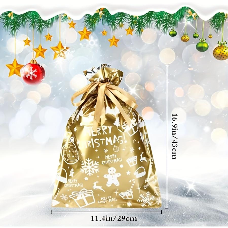 Christmas Drawstring Bags - 4pcs Large Size 29 * 43cm Xmas Gift Wrapping Bags, Green with White Snowflake and Bell, Christmas Tree for Party