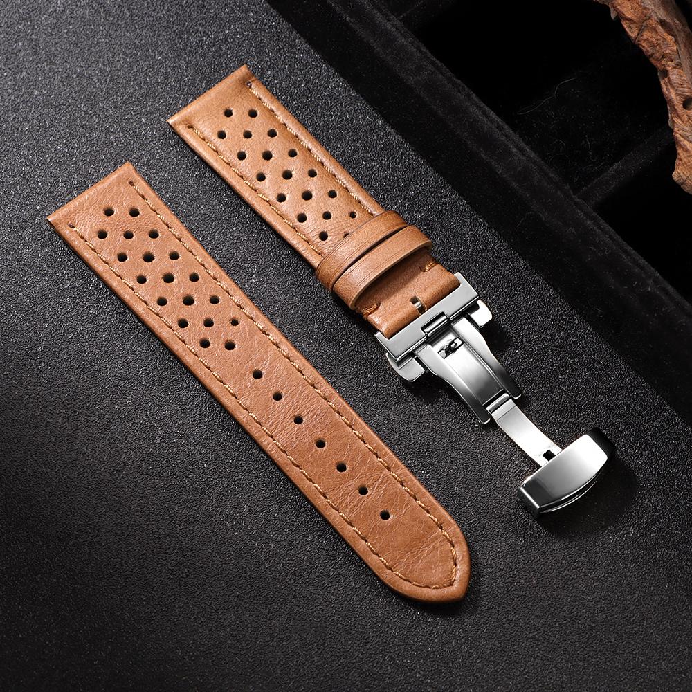 

Premium Breathable Genuine Cowhide Watchbands 18mm 20mm 22mm Smart Watch Strap Butterfly Buckle Brown Calfskin Band Accessories 18mm