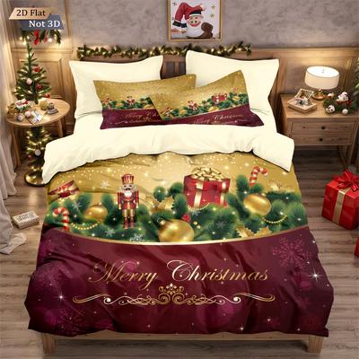 3pcs Christmas Gift Wreath Printed Core Free Bedding Set Soft and Comfortable Dormitory Bedroom Multiple Sizes Machine Washable
