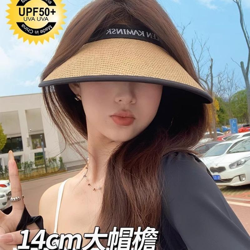 Big eaves vinyl sun hat women's summer visor hat cycling empty top hat beach straw weaving travel sun hat summer