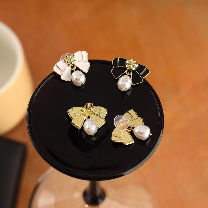 Trendy Black White Enamel Oil Bow Knot Drop Earrings For Women Elegant Imiation Pearl Dangle Earrings Wedding Party Jewelry Gift