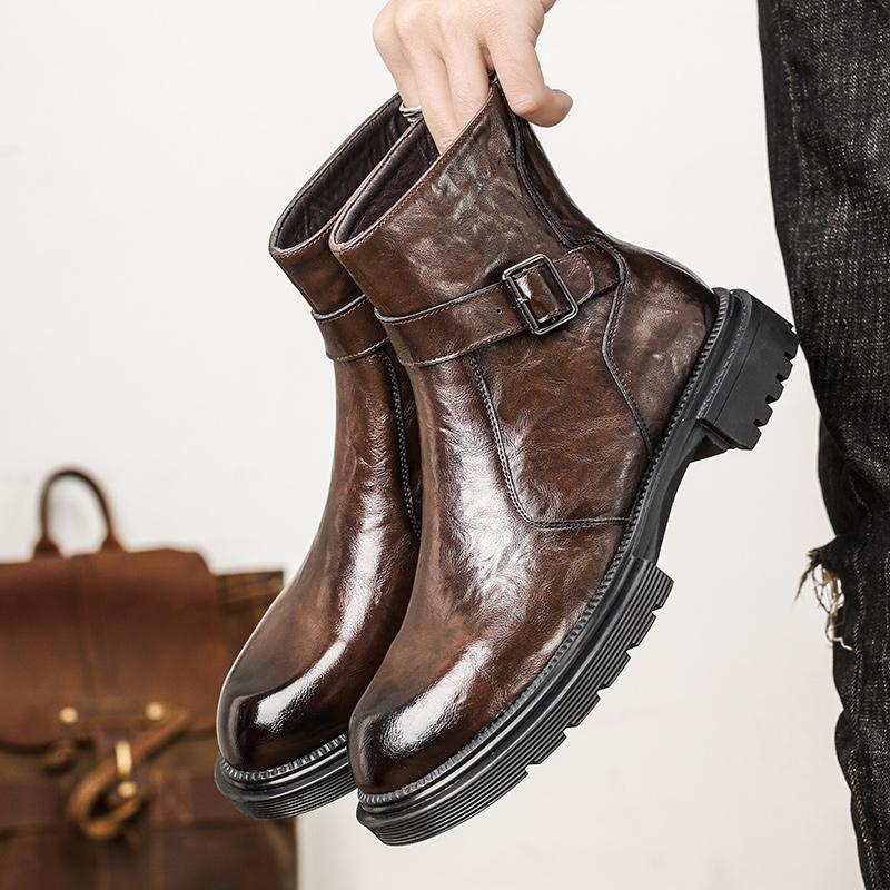 Fashion Leather Boots Slip On Ankle Boots High Top Heels For Men Casual Platform Chelsea Boots Men's Wedding Shoes Winter