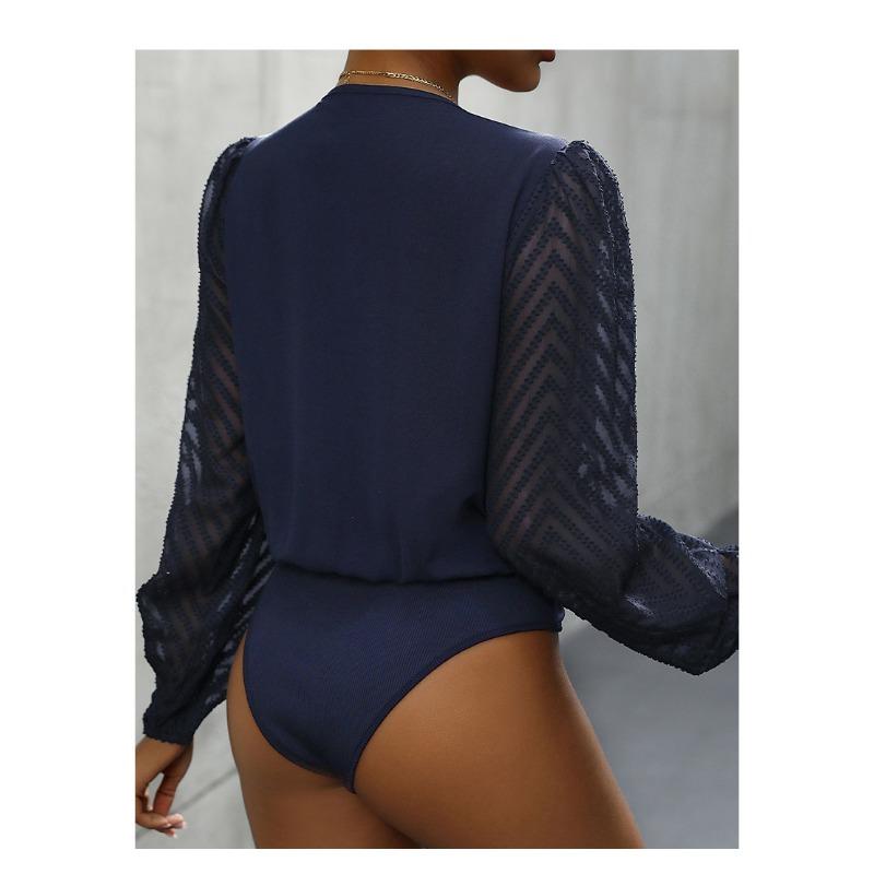 VEZFAA Women's Fashion Casual Solid Color Print Spring Fall Long Sleeve V-Neck Bodysuits