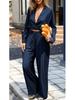 2026 Women's Solid Color Deep V-neck Top + Straight Leg Pants Two-piece Set - European and American Style, Loose Fit, Long Sleeve, Lightly Mature.