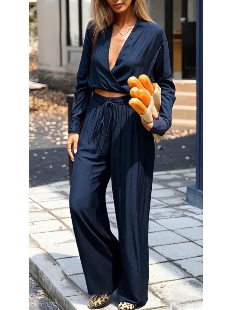 2026 Women's Solid Color Deep V-neck Top + Straight Leg Pants Two-piece Set - European and American Style, Loose Fit, Long Sleeve, Lightly Mature.