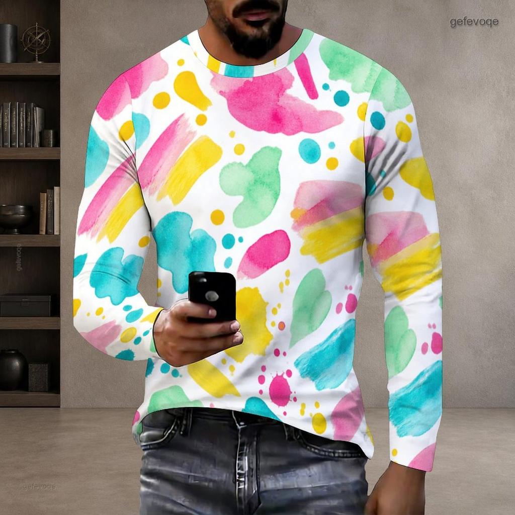 Men Plus Size Round Neck Long Sleeve Printed T Shirt White Red Black Pullover