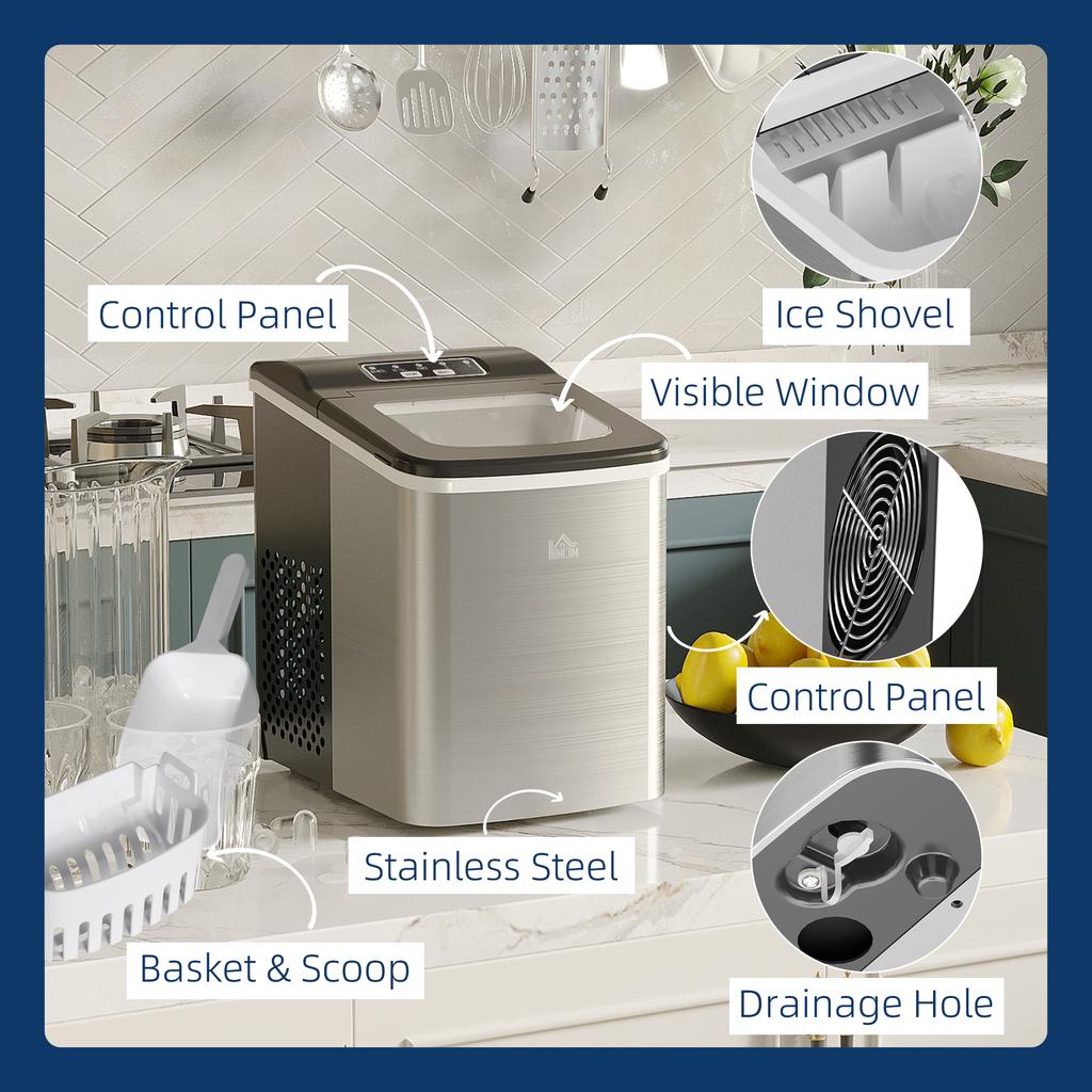 Ice Maker Machine Countertop, 9 Ice Cubes In 8 Mins, 12KG In 24Hrs, Self-Cleaning Portable Ice Cube Maker W/ Adjustable Ice Size, Ice Scoop, Basket