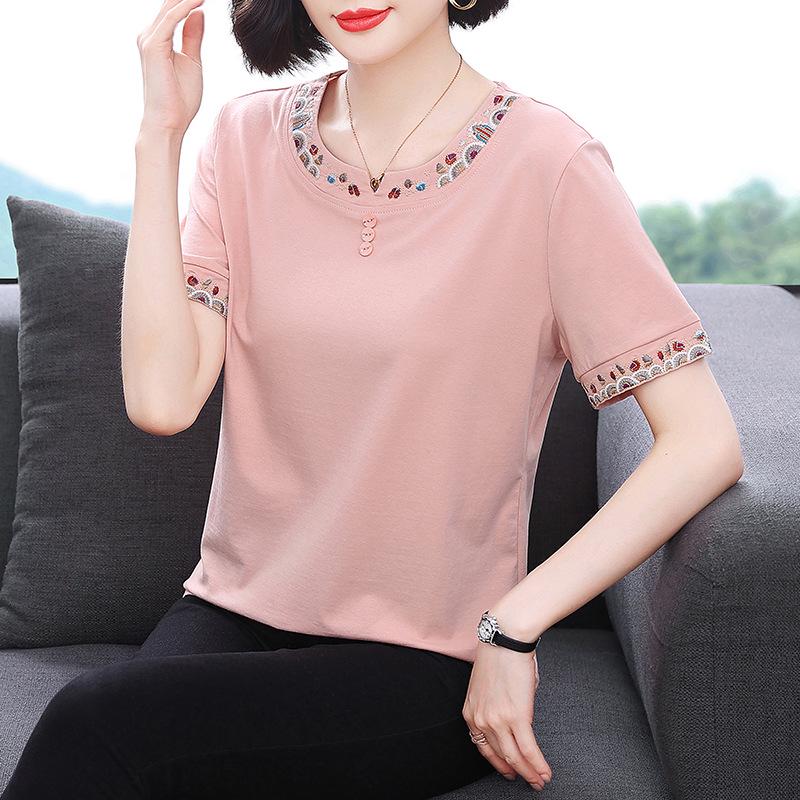 

Вышитая летняя повседневная футболка с коротким рукавом для женщин среднего возраста 4XL розовый