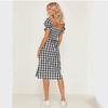 Sukienka damska na wiosnę i lato, z krótkim rękawem, w kratę, z rozcięciem i kwadratowym kołnierzykiem