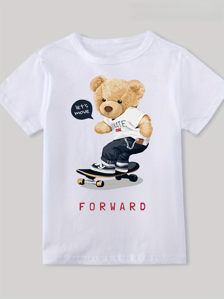 Taglie Europee T-shirt Stampata da Ragazzo - Grafica Carina di Orsetto Skater, Maglietta Estiva a Maniche Corte Leggermente Trasparente per Bambini, Abbigliamento Casual e per lo Skate Park