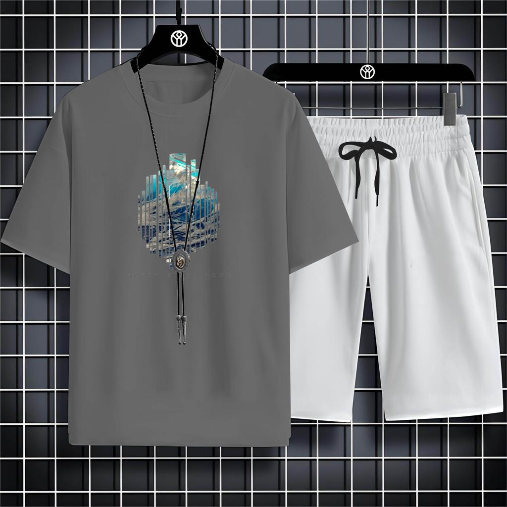 Fashion Four Seasons Casual Sports Style 2d Letter Print Adult Men'S Round Neck Loose Short Sleeve T-Shirt Trouser Set Quick Dry