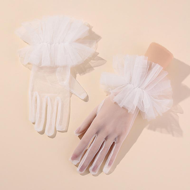 Sexy Black Ruffle Bridal Gloves Puffy Wrist Tulle Transparent Mitten Wedding Costume Accessories Short Tea Party Gloves