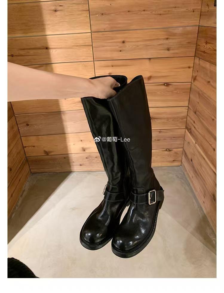 Sheepskin Version~ Washed Leather Round Head Thick Heel High Boots Women's Wide Tube Thick Sole Versatile Knight Boots Martin Boots Long Boots