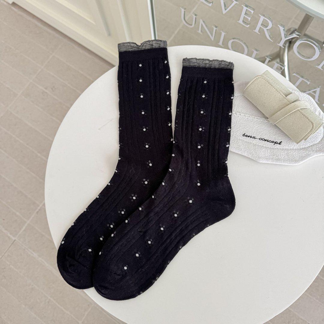 

Women s Spring-Summer Milk White Lace Ruffle Cotton Socks - Mid-Calf Japanese Style One Size