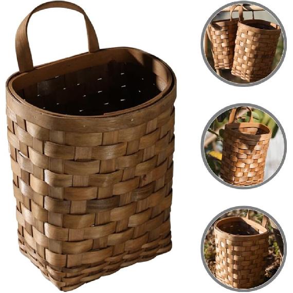 UPKOCH Wooden Basket - Rustic Woven Hanging Basket for Flowers, Chopsticks, Potatoes, Onions, Sundries Storage, Willow and Rattan, 9.82x6.68x5.31in