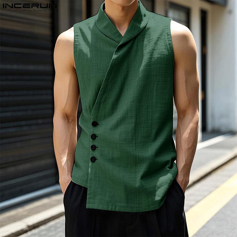 INCERUN Summer Men V Neck Sleeveless Buttons Side Casual Cargo Tank Tops