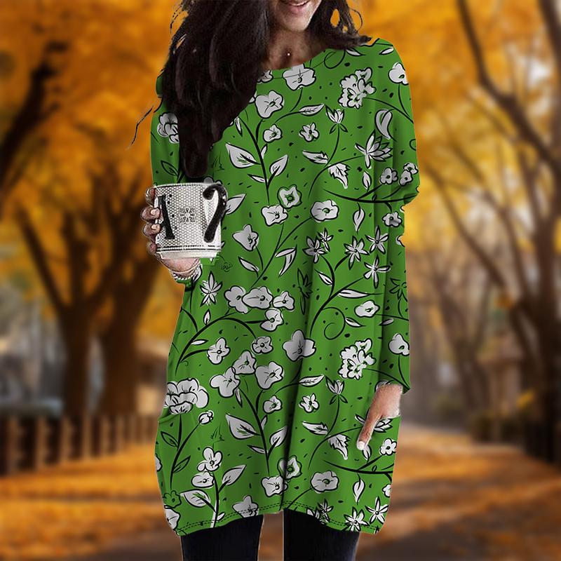 Neu im Herbst Linie Blumendruck Plus Size Kleid Frauen Oansatz Lange Ärmel Casual Tasche Kleider