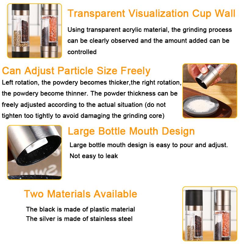 Ruční mlýnek na pepř 2 v 1 Nastavitelný mlýnek na koření s dvojitou hlavou Drtič na pepř Láhev na koření pro domácnost Kuchyňské pomůcky