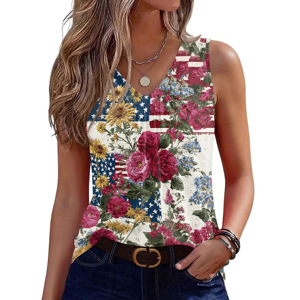 V-Neck Tank Top Women Print Tank Tee Casual Loose Fit Sleeveless Shirt