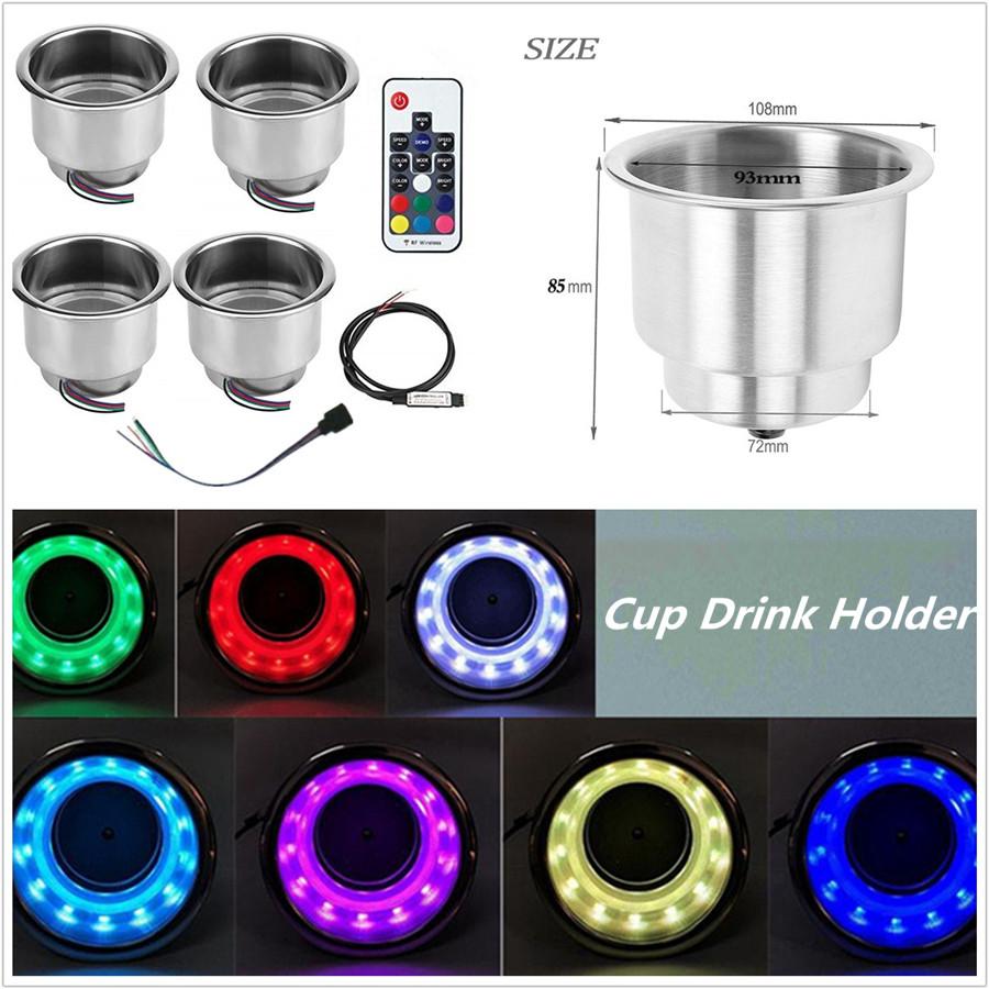 4X Rgb Led Colorful Light Stainless Cup Holder W/Remote Car Camper Boat Yacht