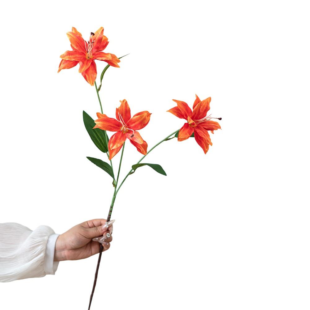 

3-headed Lilies Artifiical Flower Branch Flexible Stems 86cm Height Simulation Flower with Green Leaves Lily Fake Flower
