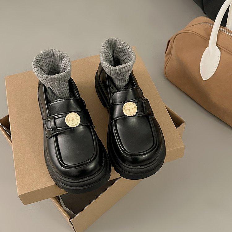 

Platform loafers women s 2025 new autumn and winter black British small leather shoes increase the height of one pedal women s shoes flat single shoes 35