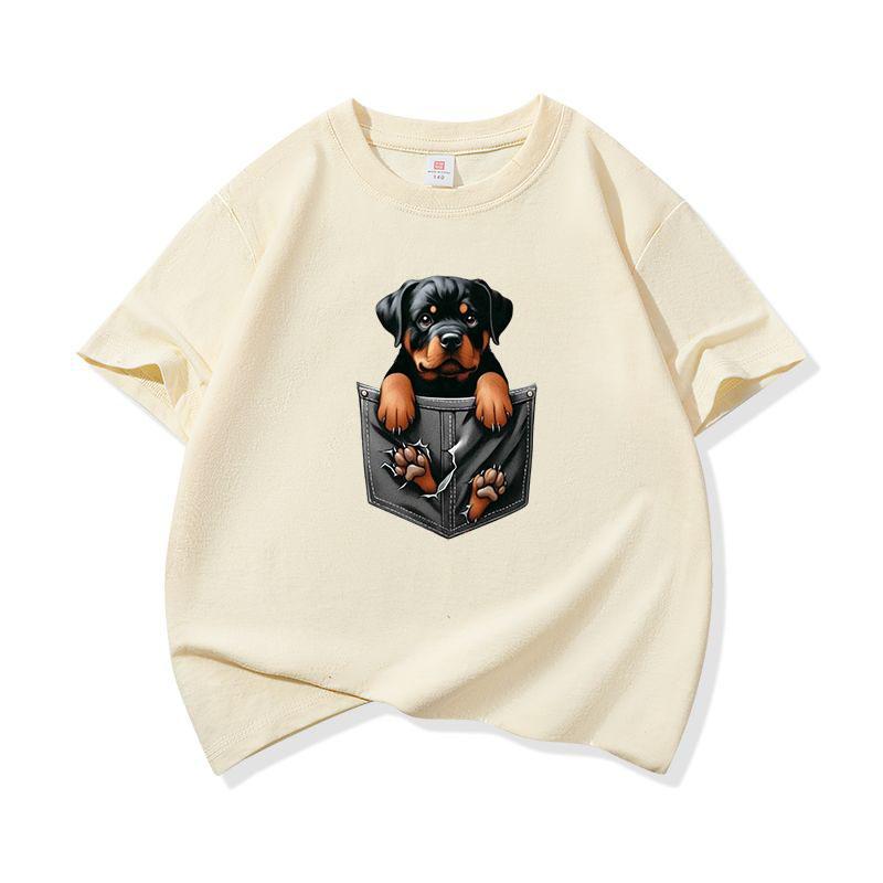 Kids Cotton T Shirt Bold Pocket Rottweiler Puppy Dog Pattern Print Crew Neck Short Sleeve Tee Casual Boys Girls Summer Tops 100