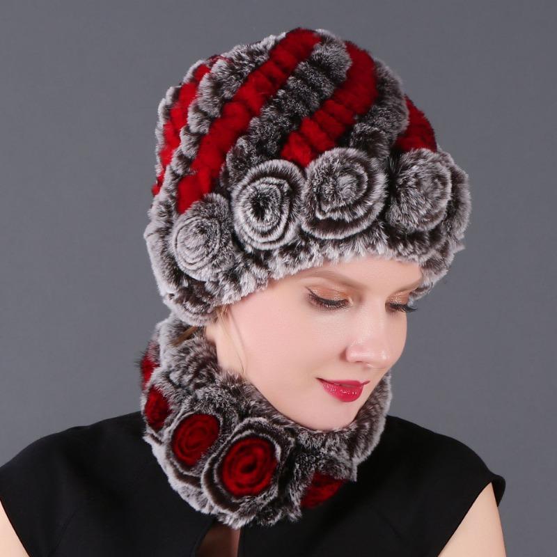 New High-quality Rex Rabbit Fur Accessories Autumn and Winter Women's Versatile Warm Hat Scarf Two-piece Set