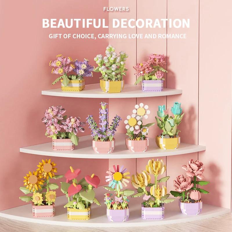 Blumen Sukkulenten Bausteine Ewige Blume Bonsai Baum Gärten Romantische Steine DIY Topfpflanzen Modell Kinder Bausätze Spielzeug