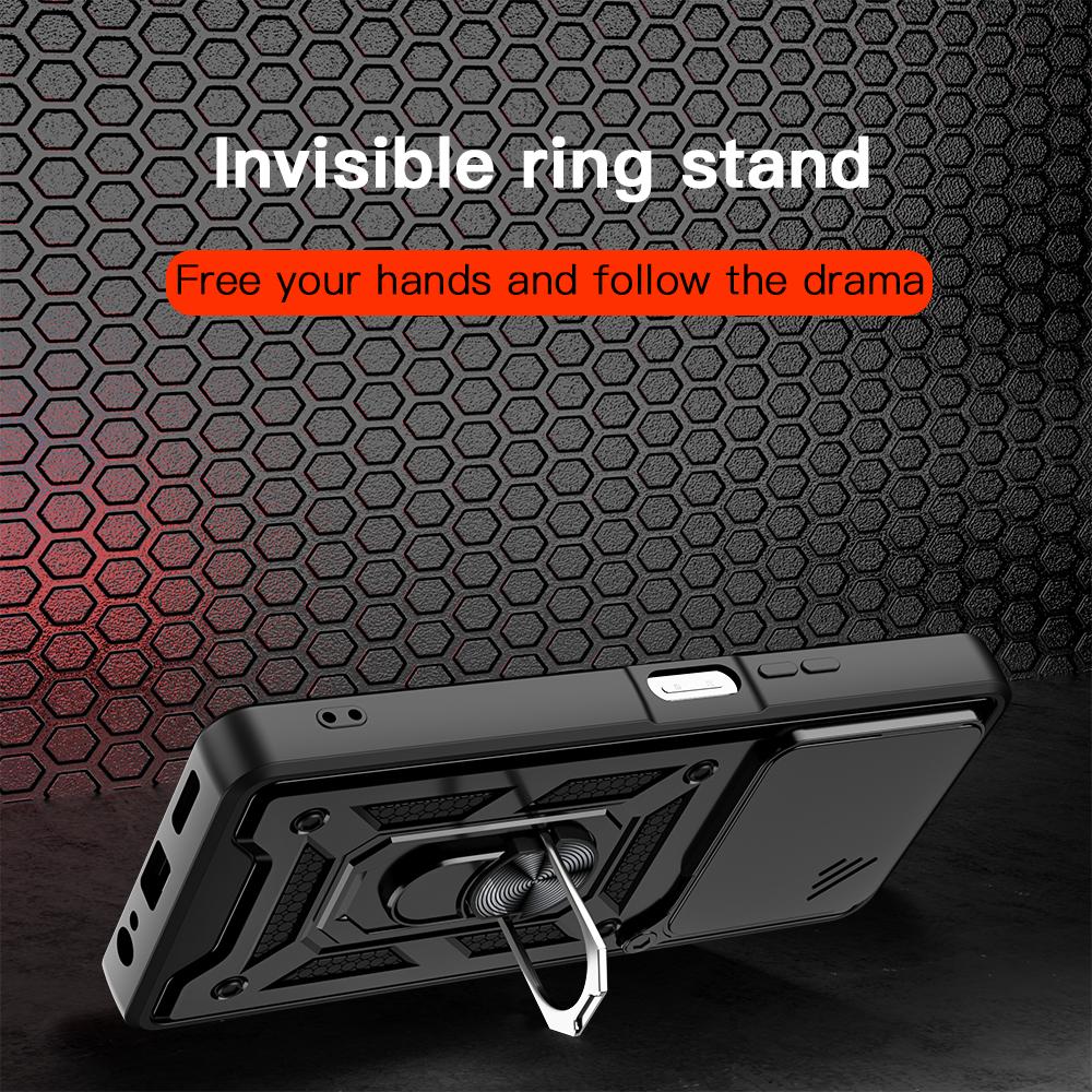 KEYSION Shockproof Armor Case for TECNO POVA 7 4G Slide Camera Lens Protection Metal Ring Stand Phone Back Cover for TECNO Pova7