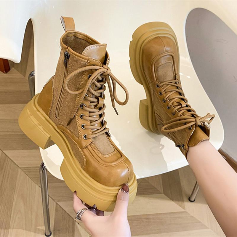 New Canvas Leather Splicing Platform Boots Women Chunky Thick Bottom Lace-up Biker Boots Luxury Designer Ankle Boots for Women
