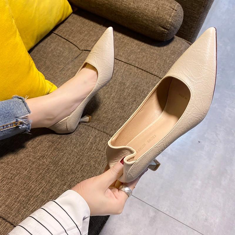 Cream High Heels Soft Sole Versatile Professional Women's Shoes Pointed Toe Summer Flats Non-wearing Comfortable Ladies Footwear