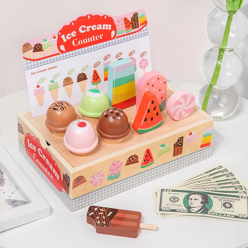 Wooden Ice Cream Pretend Play Set Children Simulation Cone Food Play Game Montessori Educational Learning Toys for Girl Boy Gift