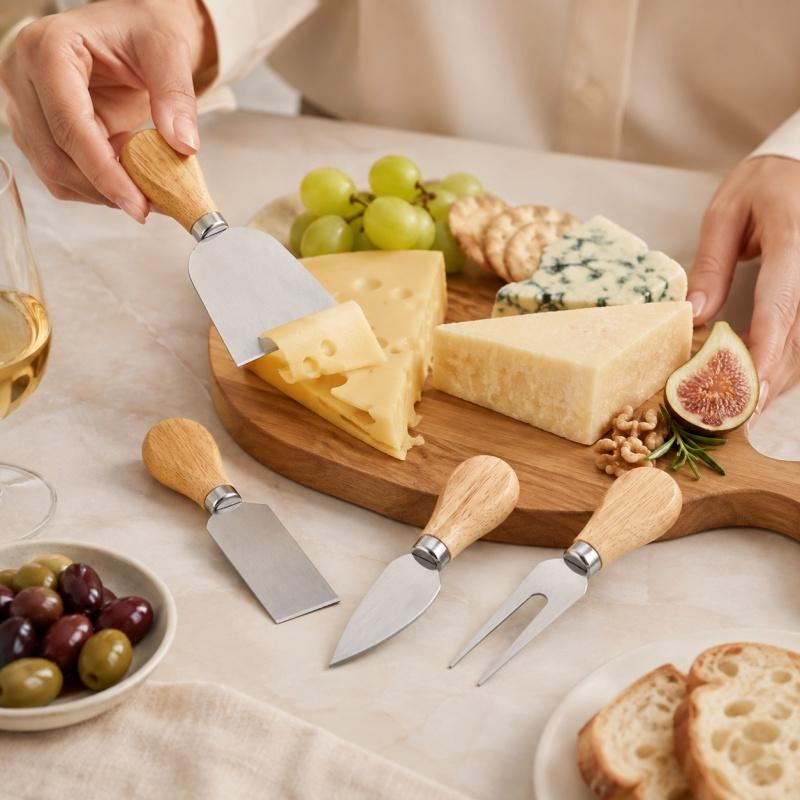 4‑Piece Cheese Knife Set Stainless Steel Cheese Slicer Cutter Fork Spatula with Wooden Handle Butter Cutter Kitchen Gadget