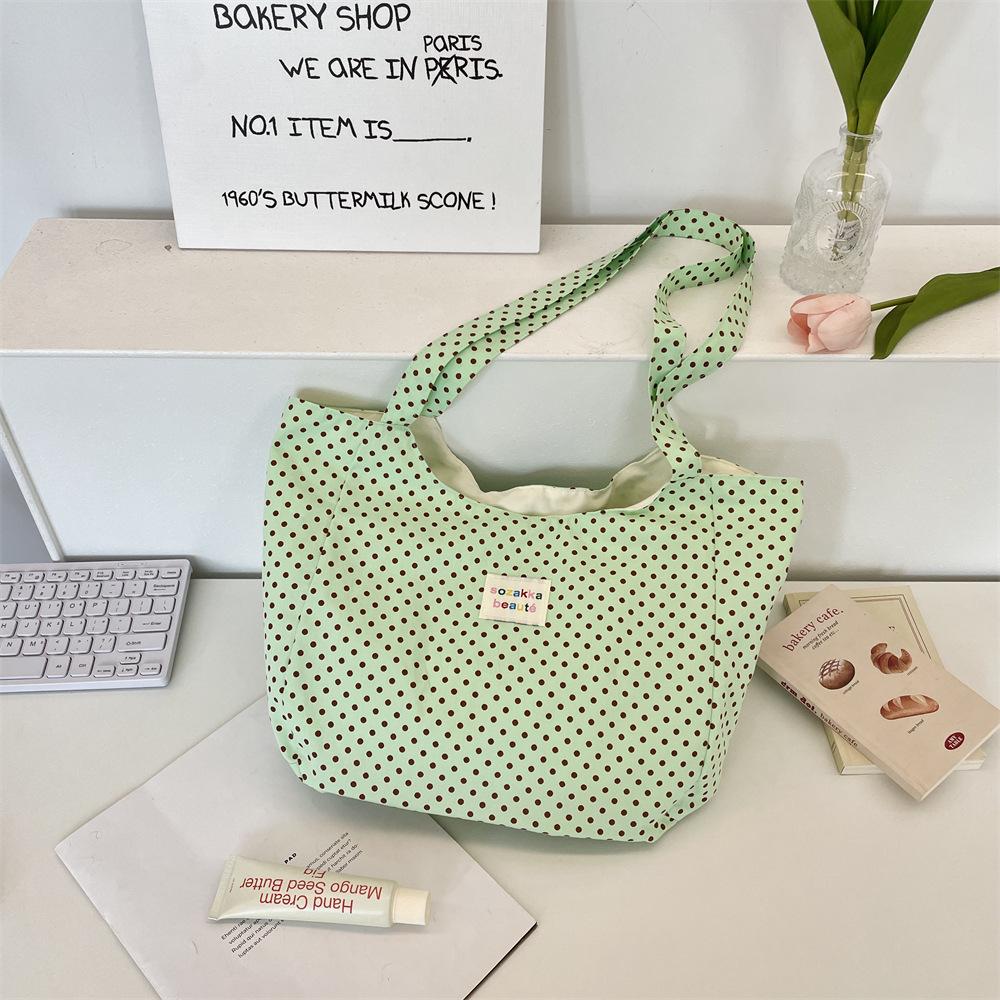 55 Printed polka dot shoulder canvas bag Large capacity tote bag Commuter finishing storage bag Women's shoulder schoolbag